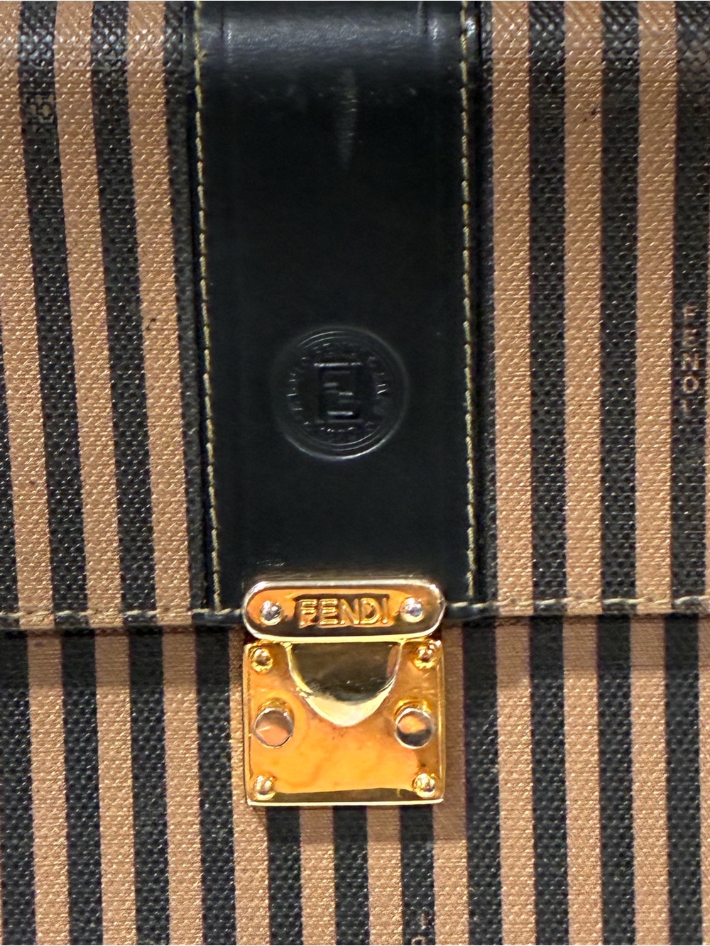Fendi Pequin Vintage Top Handle Black Brown Striped Crossbody Bag - Picture 2 of 8